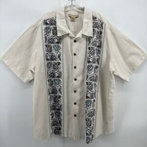 Vintage Island Passport Linen Blend Hawaiian Baggy Shirt White Leaf Stripe XXL